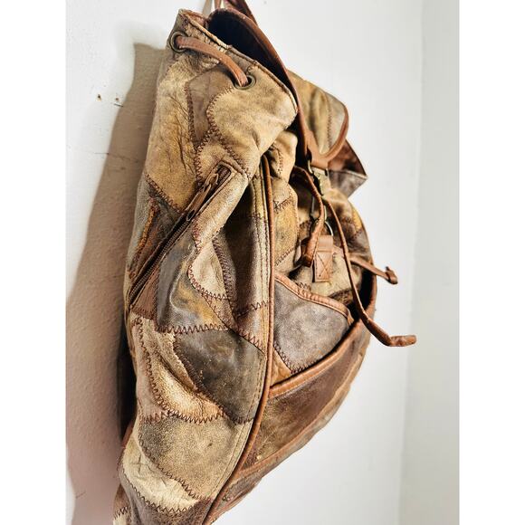 Vintage 1980s/90s Brown Leather Patchwork Clip Front Drawstring Backpack Bag - Picture 2 of 16
